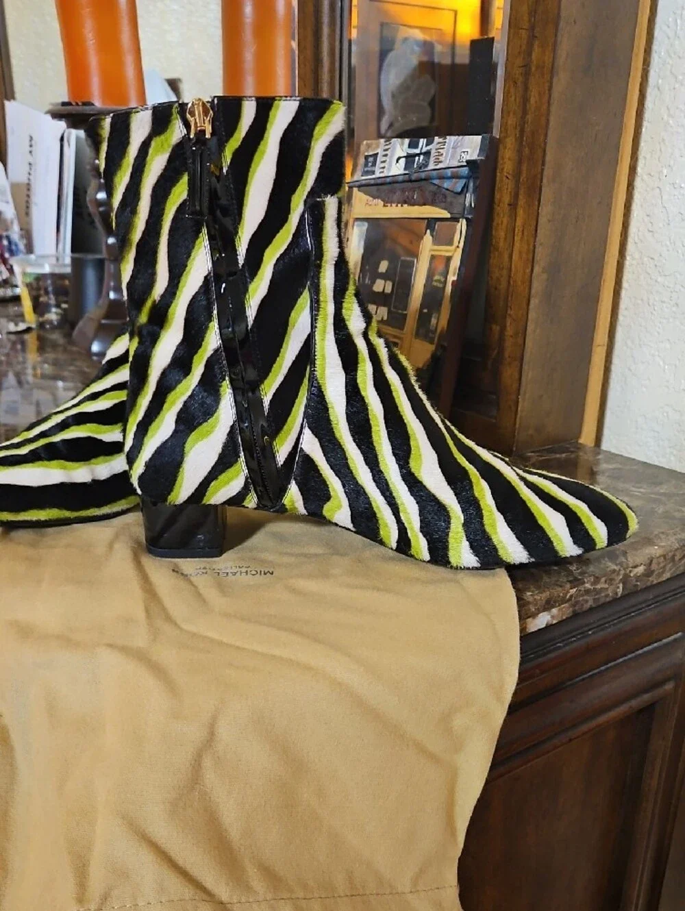 Michael Kors Black White Lime Zebra-Print Ankle Booties